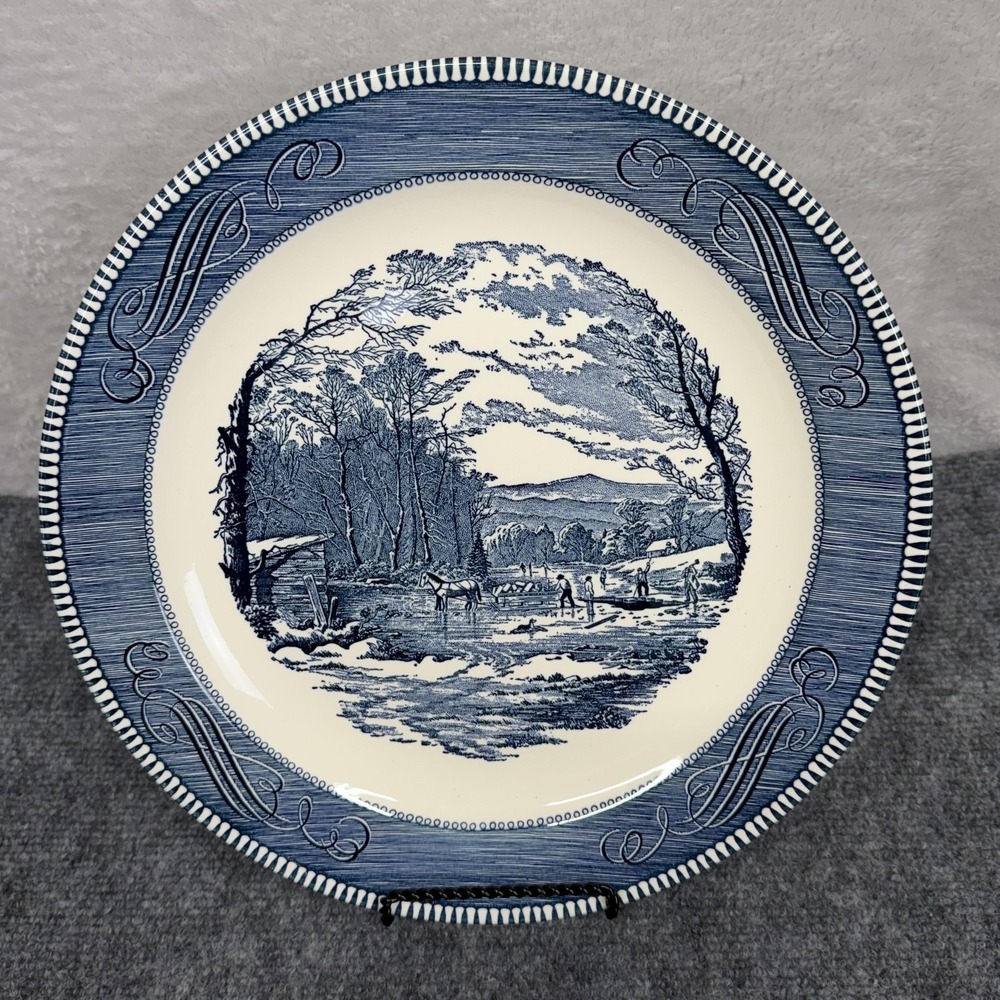VTG‎ Royal Currier & Ives Blue White Chop Plate 12" Getting Ice Horses Colonial